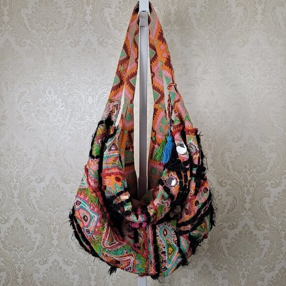 Sondra Roberts Handbags - Sondra Roberts Large Orange Shoulder Tote Bag Embroidered Mirrors Coins Tassels